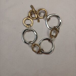 Etienne Aigner Silver & Light Gold Tone Hammered Chain Link Statement Bracelet
